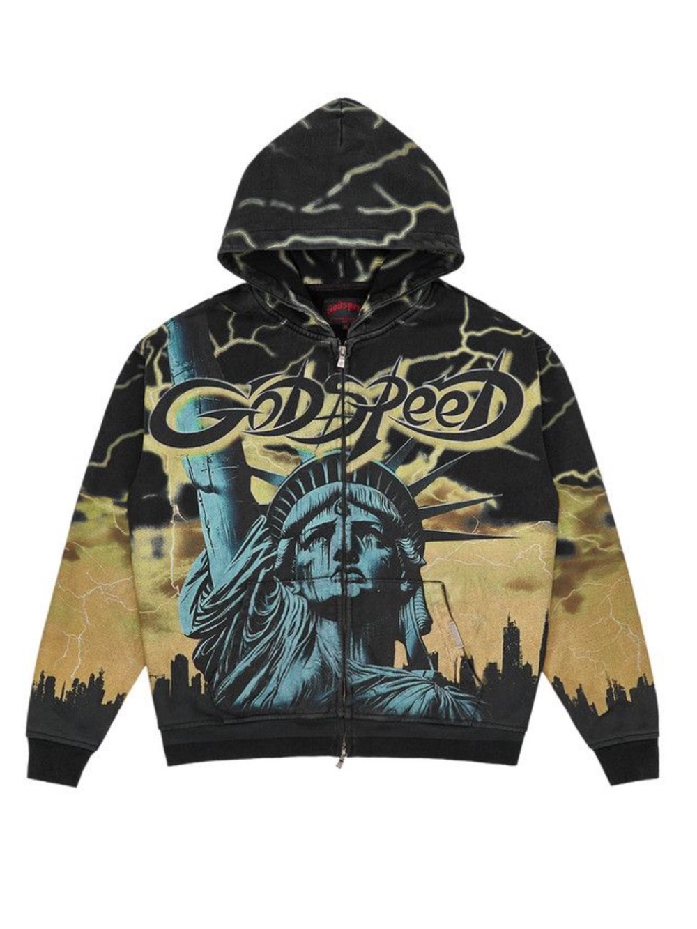 Godspeed Statue of Liberty Lightning Graphic Hoodie Black Yellow NWT Small